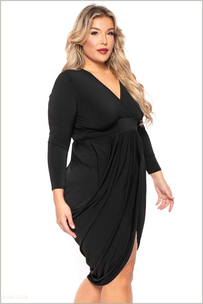  Plus Size Clarissa Asymmetric Drape Dress - Black R19-JD182-BK-3X