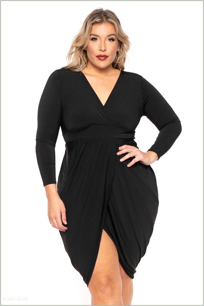  Plus Size Clarissa Asymmetric Drape Dress - Black R19-JD182-BK-3X