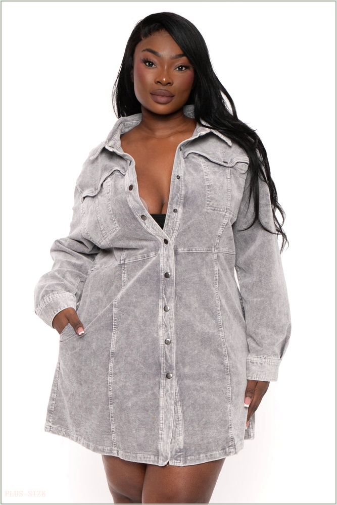  Plus Size Corduroy Button Front Mini Dress - Grey W56-JJD5006P-GR-1X