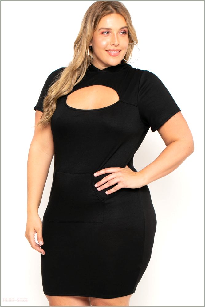  Plus Size Cutout Hoodie Dress - Black C34-CS1130-BK-1X