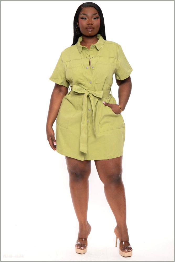  Plus Size Denim Keara Belted Mini Dress - Green Z256-JBJ1023P-GR-1X