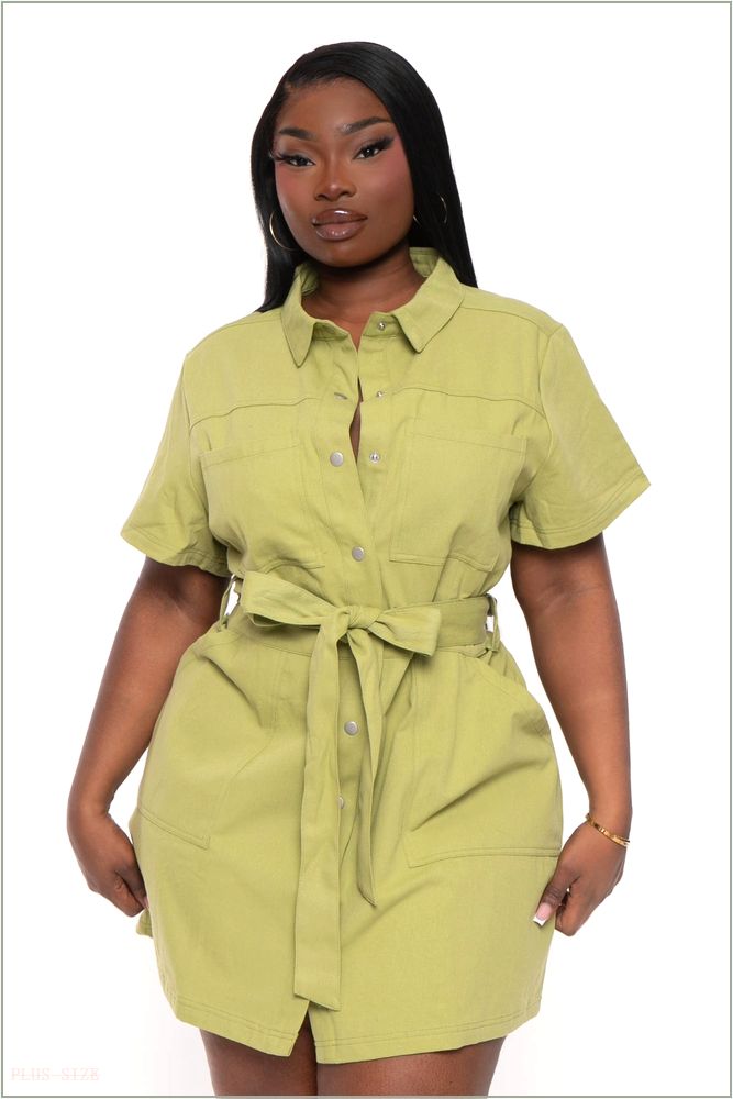  Plus Size Denim Keara Belted Mini Dress - Green Z256-JBJ1023P-GR-1X