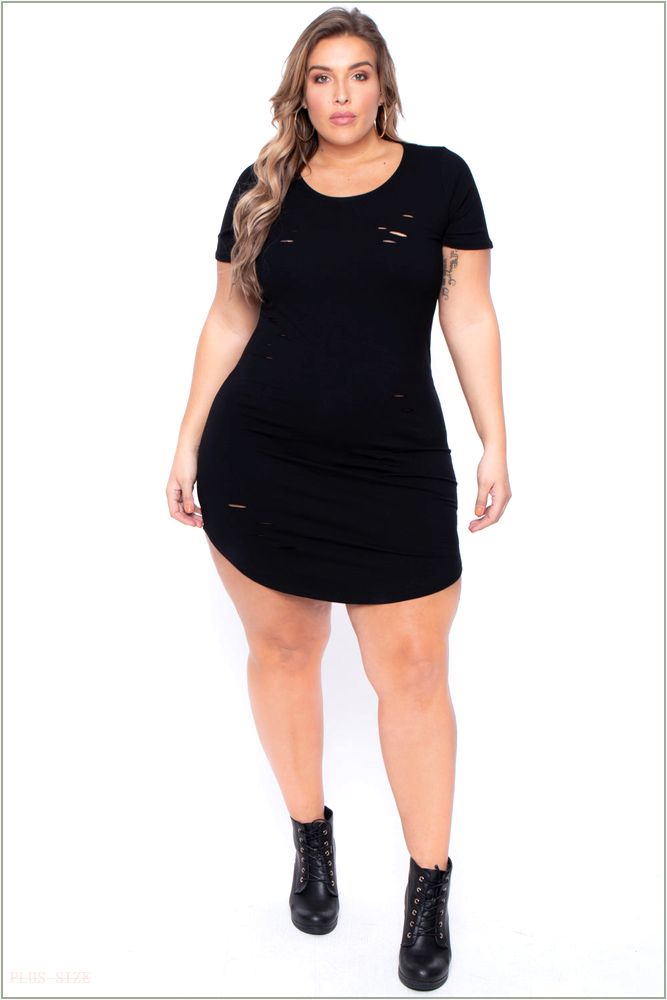  Plus Size Destroyed Tee Dress - Black Y52-CS0571-BK-3X