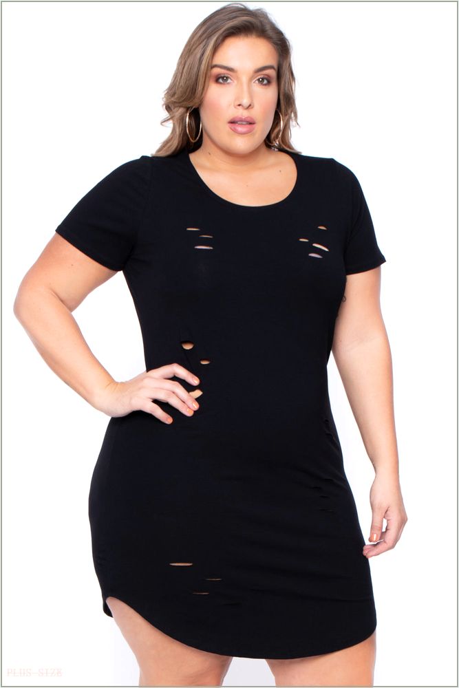  Plus Size Destroyed Tee Dress - Black Y52-CS0571-BK-3X