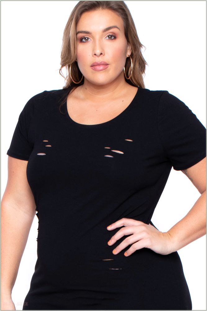  Plus Size Destroyed Tee Dress - Black Y52-CS0571-BK-3X