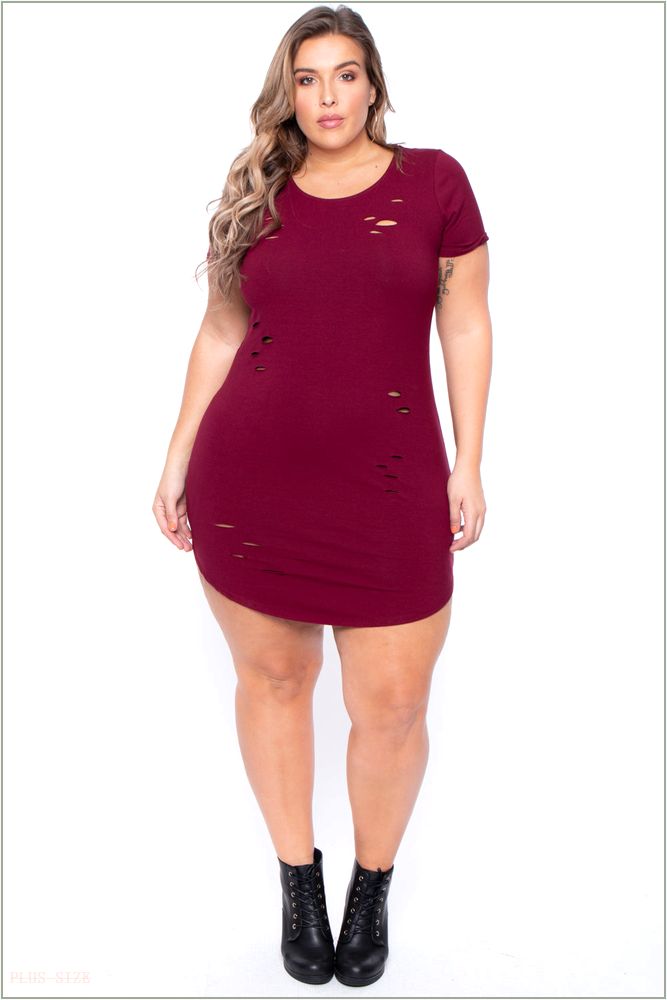  Plus Size Destroyed Tee Dress - Burgundy C3-CS0571-BY-1X