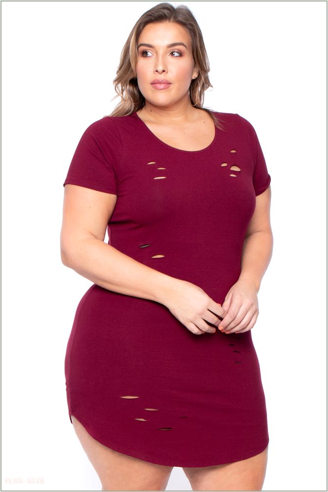  Plus Size Destroyed Tee Dress - Burgundy C3-CS0571-BY-1X