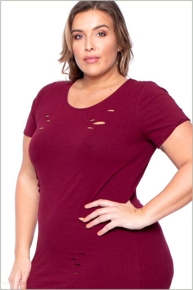  Plus Size Destroyed Tee Dress - Burgundy C3-CS0571-BY-1X