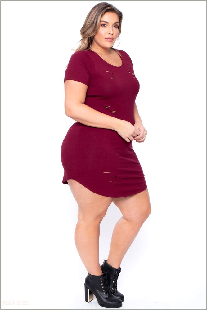  Plus Size Destroyed Tee Dress - Burgundy C3-CS0571-BY-1X