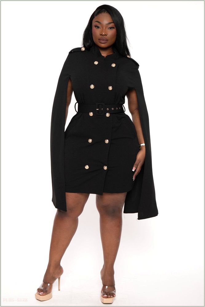  Plus Size Diany Cape Belted Dress- Black E20-26505X-BK-1X