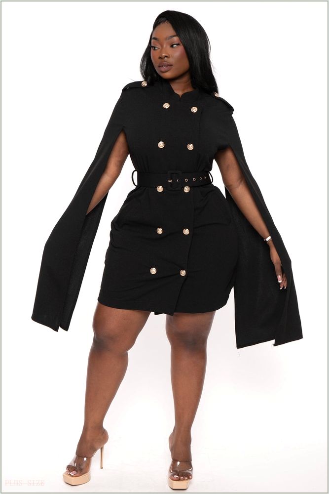  Plus Size Diany Cape Belted Dress- Black E20-26505X-BK-1X