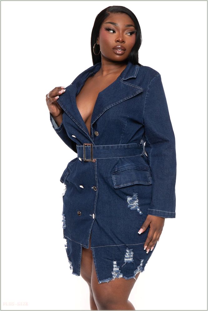  Plus Size Distress Denim Mini Dress- Blue Z205-26488X-BL-3X