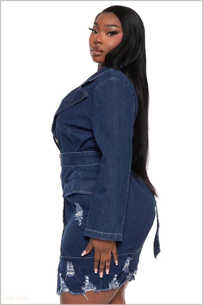  Plus Size Distress Denim Mini Dress- Blue Z205-26488X-BL-3X