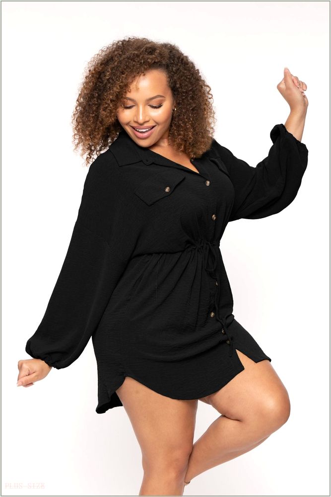  Plus Size Donnie Drawstring Shirt Dress - Black N33-CWD1868QX-BK-1X