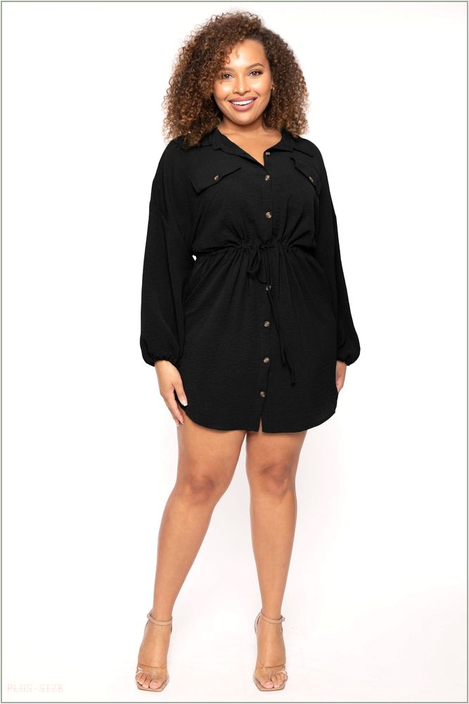  Plus Size Donnie Drawstring Shirt Dress - Black N33-CWD1868QX-BK-1X