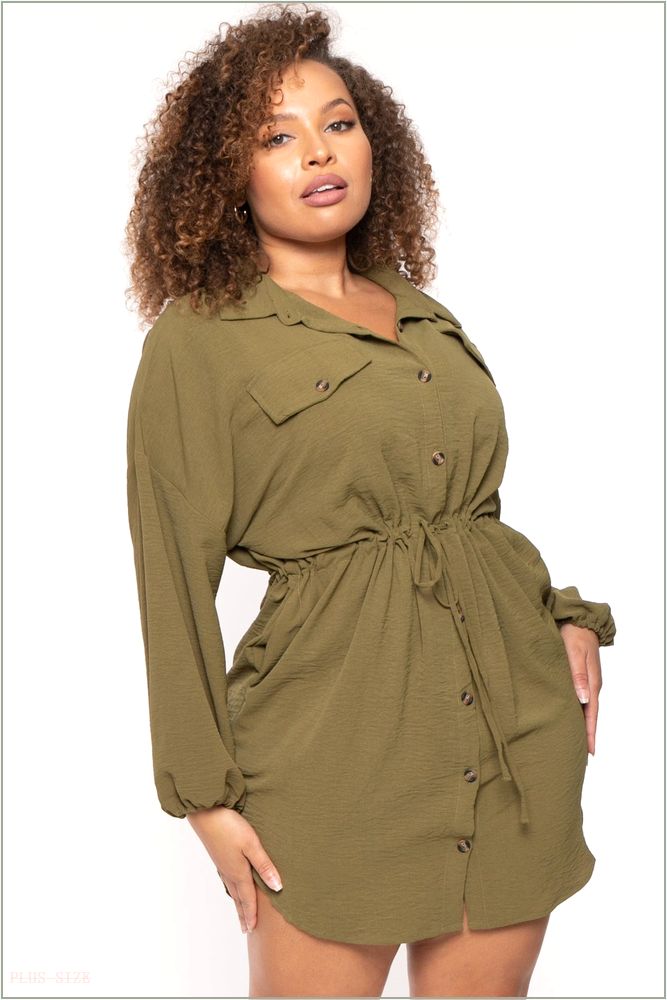  Plus Size Donnie Drawstring Shirt Dress - Olive N33-CWD1868QX-OL-1X