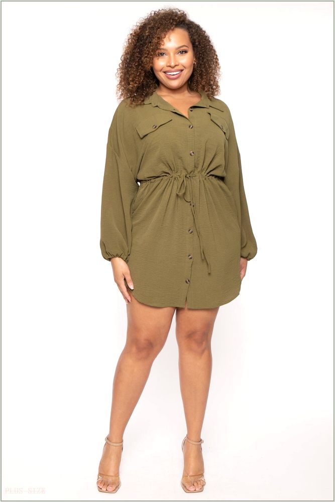  Plus Size Donnie Drawstring Shirt Dress - Olive N33-CWD1868QX-OL-1X