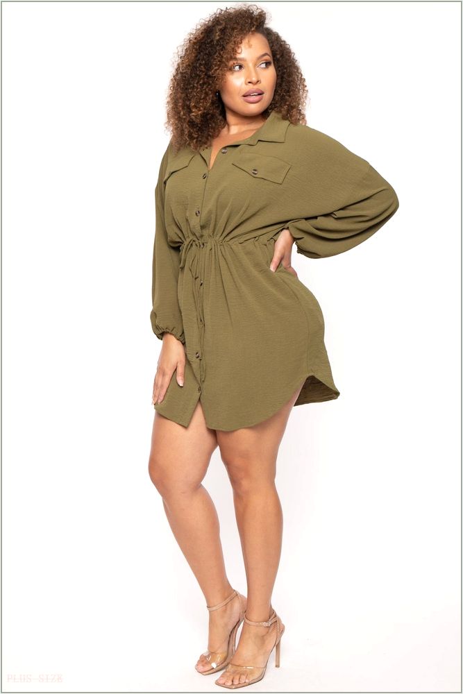  Plus Size Donnie Drawstring Shirt Dress - Olive N33-CWD1868QX-OL-1X