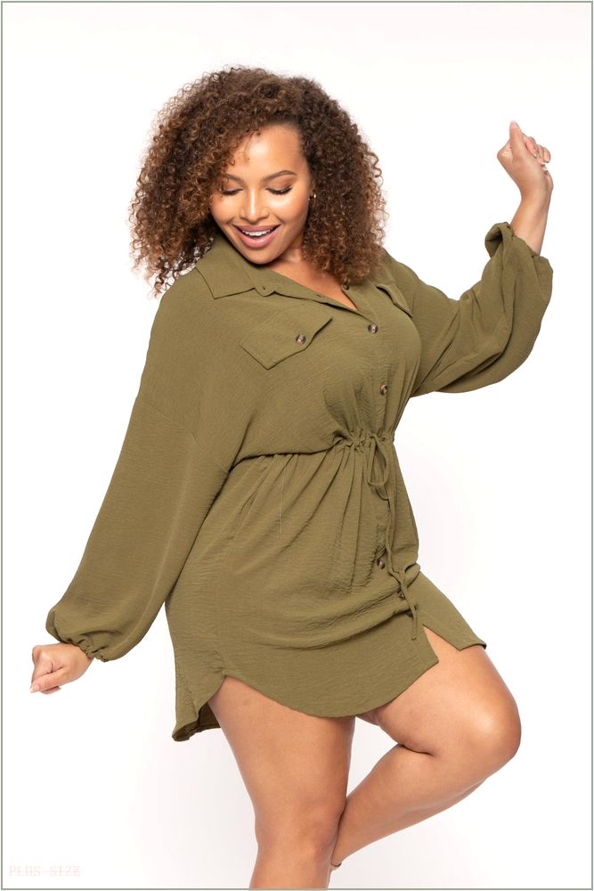  Plus Size Donnie Drawstring Shirt Dress - Olive N33-CWD1868QX-OL-1X