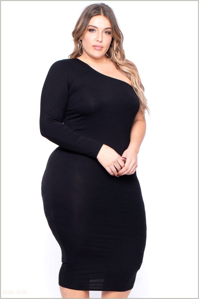  Plus Size Ebony One Shoulder Dress - Black S54-CS1352-BK-3X