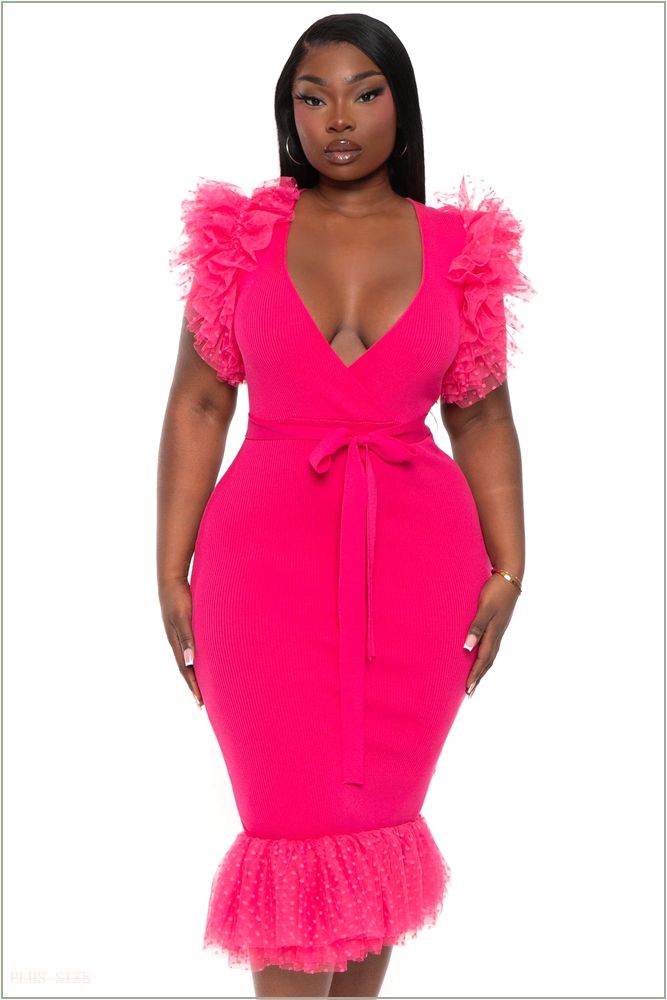  Plus Size Edelie Mesh Ruffle Dress-Fuchsia Z196-26771X-FU-3X