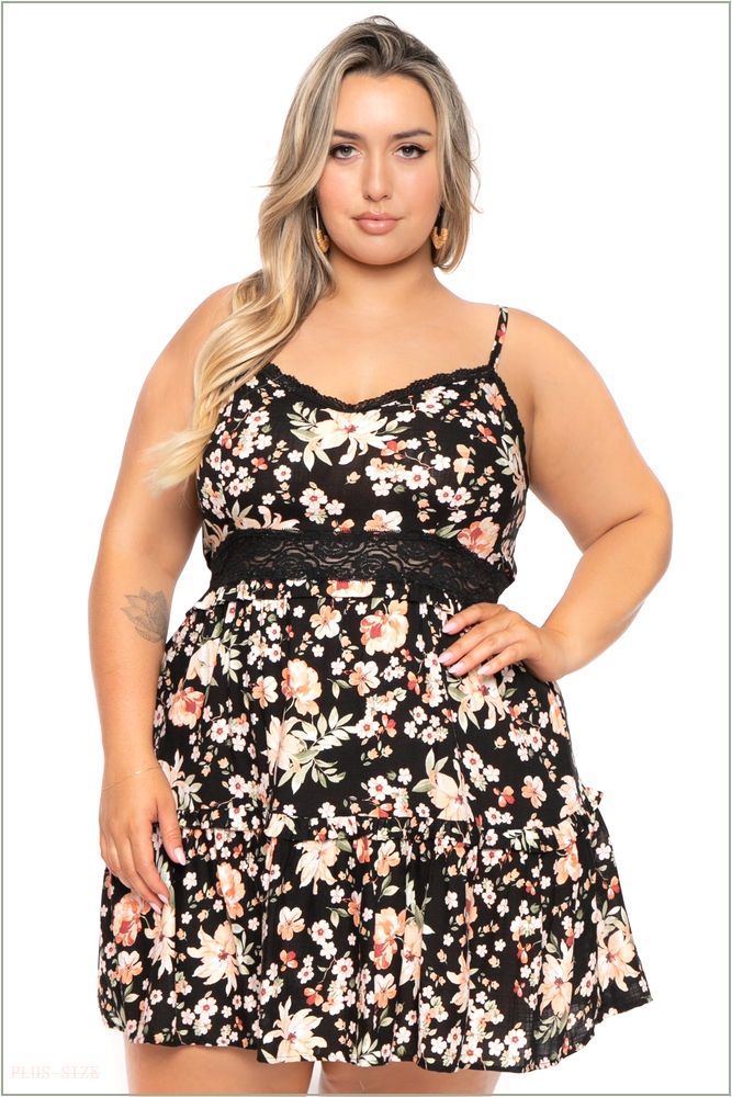  Plus Size Eliza Cami Lace Trim Printed Dress -Black H5-CS2349P-BK-1X