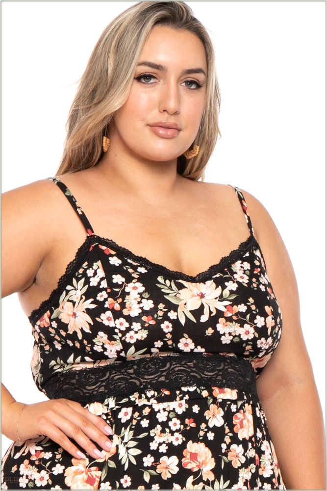  Plus Size Eliza Cami Lace Trim Printed Dress -Black H5-CS2349P-BK-1X