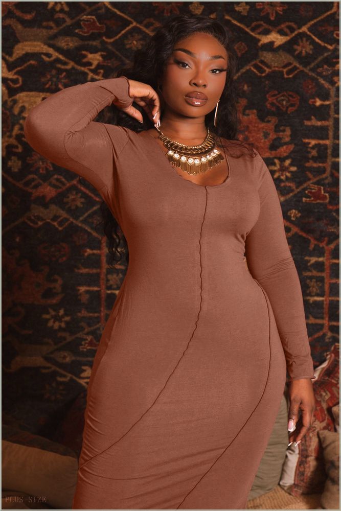  Plus Size Exposed Seams Maxi Dress - Mocha W20-CJD1762LX-MC-1X