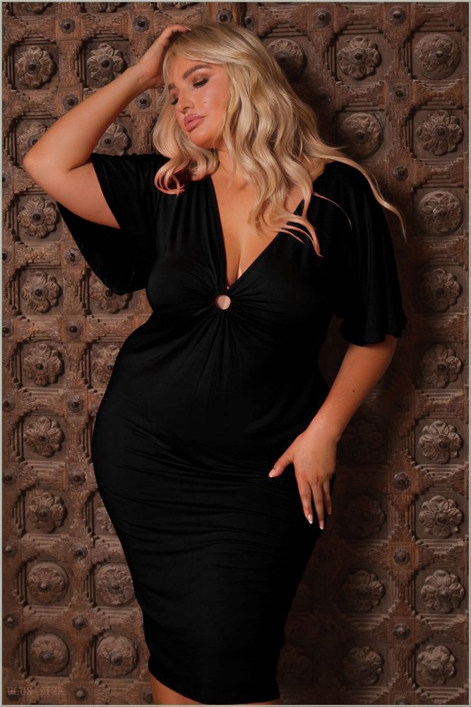  Plus Size Farrah O-Ring Midi Dress - Black H2-CS2634-BK-1X