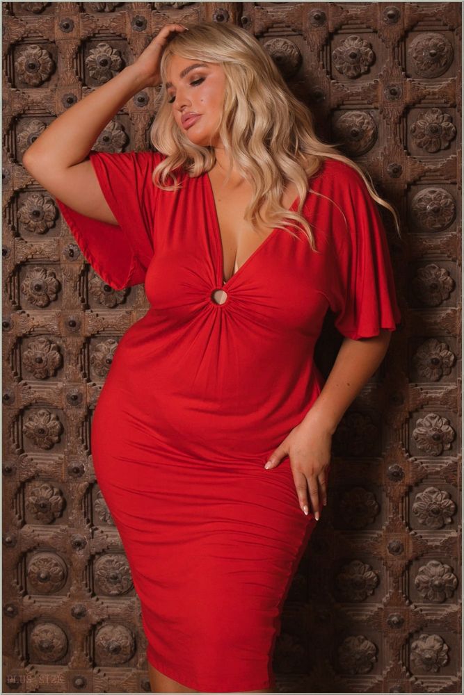  Plus Size Farrah O-Ring Midi Dress - Red H2-CS2634-RD-1X