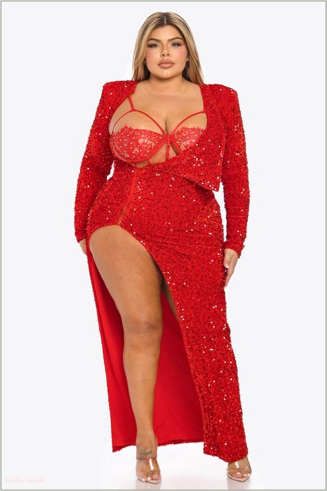  Plus Size Fire Sequins Two Piece Long Sleeve Dress Set-Red B14-BDBQS62297-RD-1X