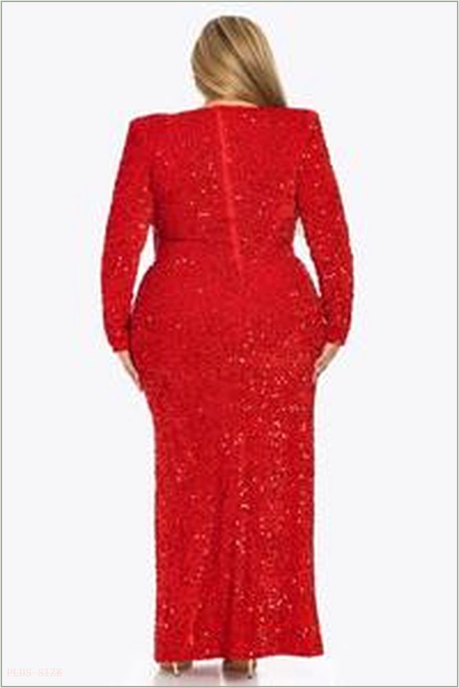  Plus Size Fire Sequins Two Piece Long Sleeve Dress Set-Red B14-BDBQS62297-RD-1X