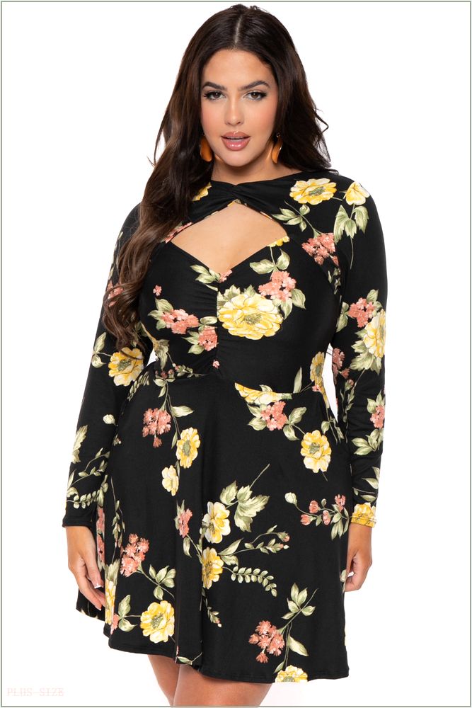  Plus Size Floral Amry Flare Cutout Dress - Black V21-CS2205FP-BK-2X