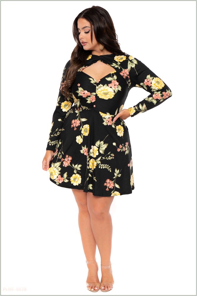  Plus Size Floral Amry Flare Cutout Dress - Black V21-CS2205FP-BK-2X