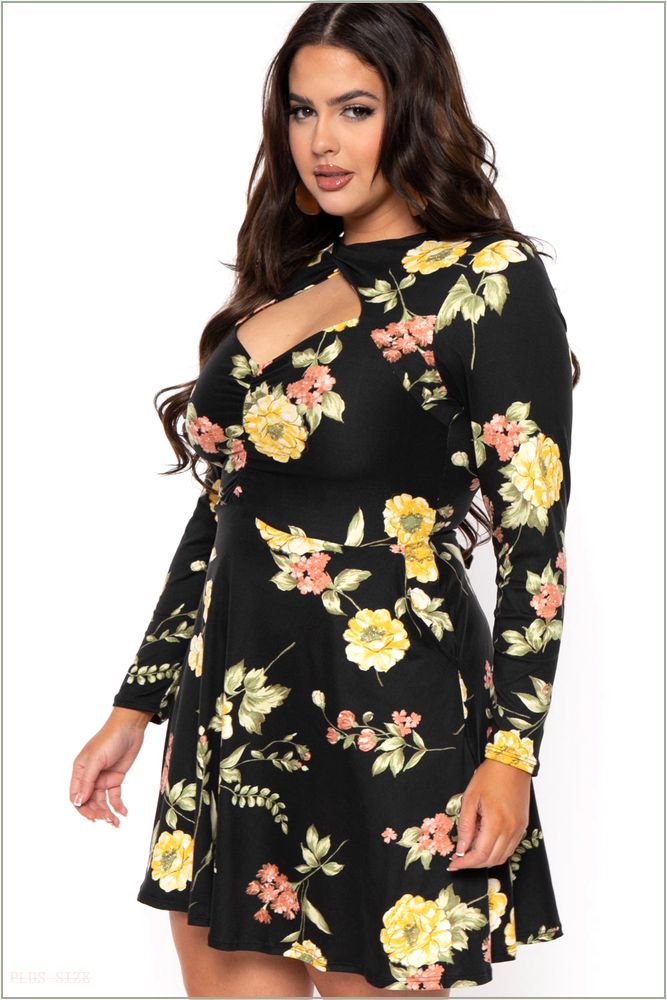  Plus Size Floral Amry Flare Cutout Dress - Black V21-CS2205FP-BK-2X