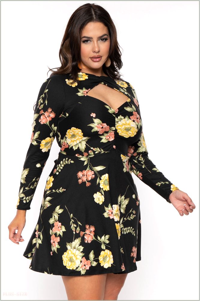  Plus Size Floral Amry Flare Cutout Dress - Black V21-CS2205FP-BK-2X