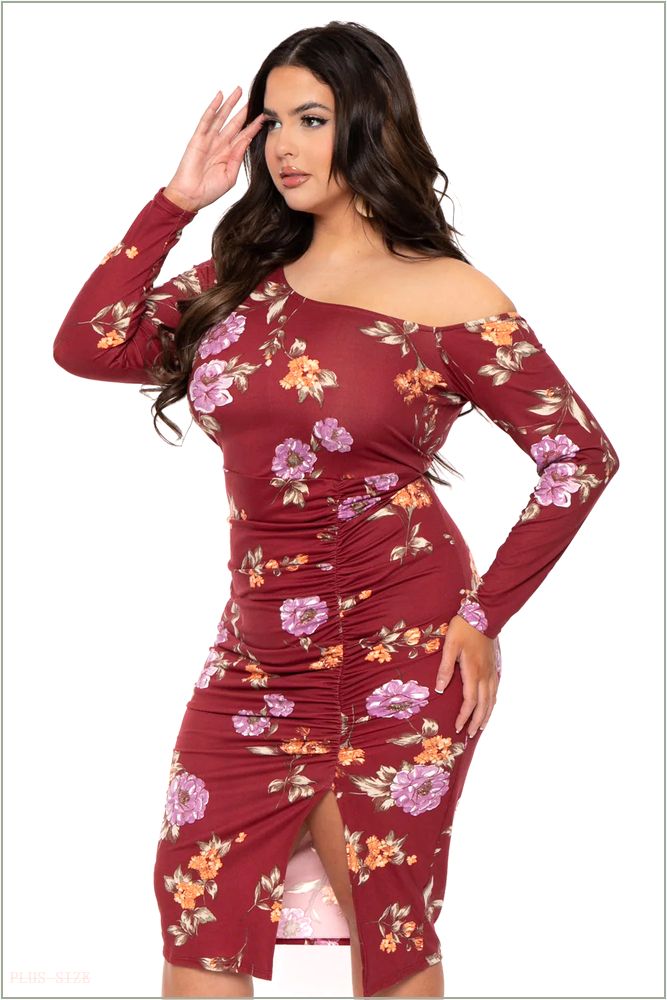  Plus Size Floral Nadia One Shoulder Dress- Burgundy T28-CS2197FP-BY-2X