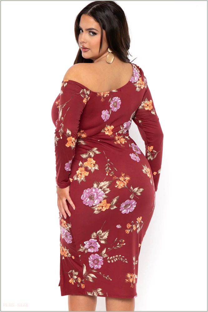  Plus Size Floral Nadia One Shoulder Dress- Burgundy T28-CS2197FP-BY-2X