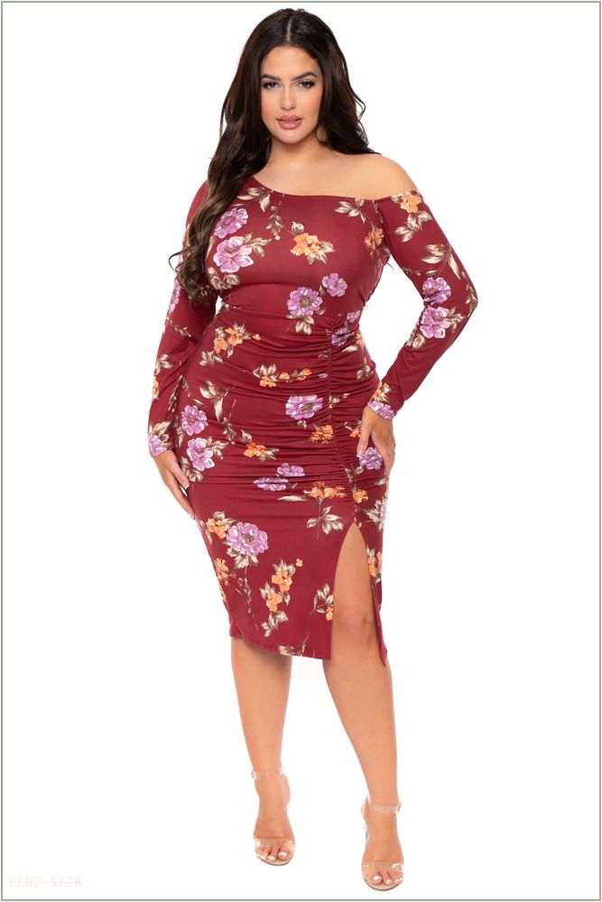  Plus Size Floral Nadia One Shoulder Dress- Burgundy T28-CS2197FP-BY-2X