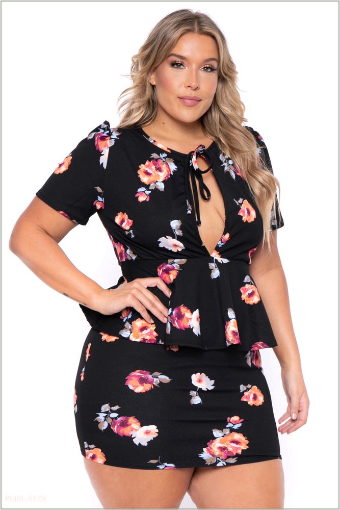  Plus Size Floral Peplum Dress - Black H14-CS1675-BK-2X