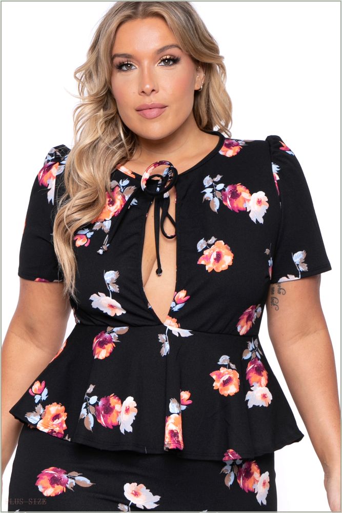  Plus Size Floral Peplum Dress - Black H14-CS1675-BK-2X