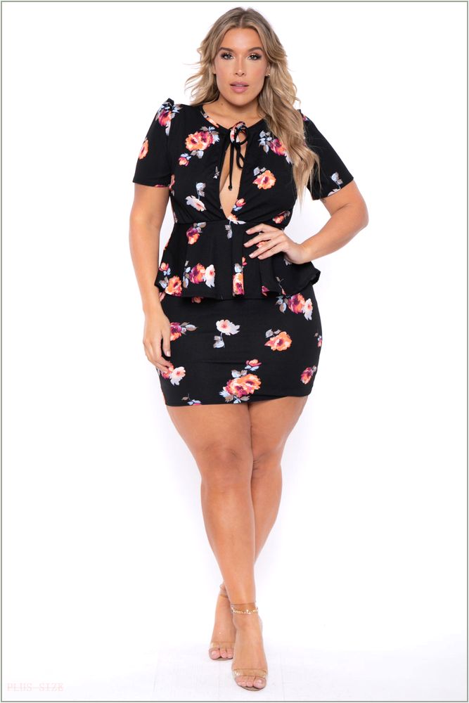  Plus Size Floral Peplum Dress - Black H14-CS1675-BK-2X