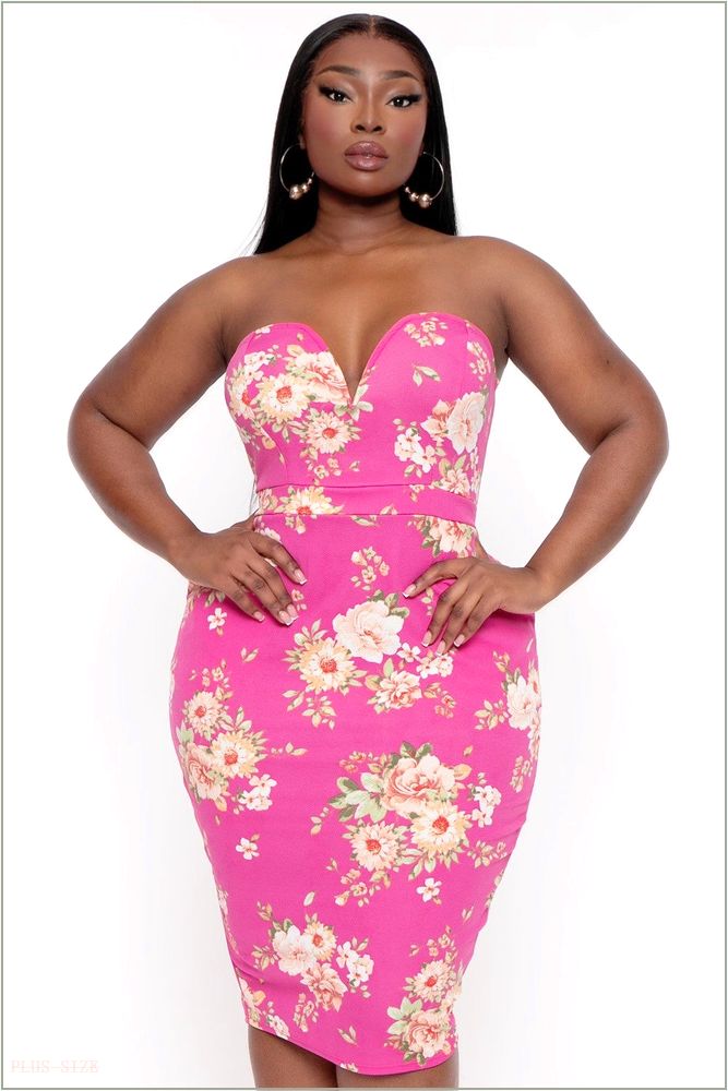  Plus Size Floral Print Bodycon Dress - Hot Pink K55-CS2432-HP-1X