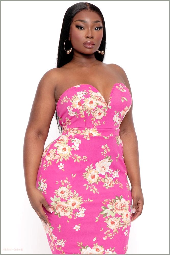  Plus Size Floral Print Bodycon Dress - Hot Pink K55-CS2432-HP-1X