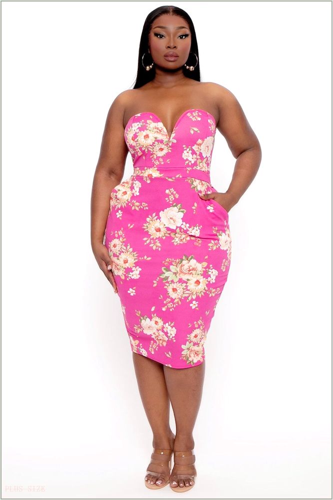  Plus Size Floral Print Bodycon Dress - Hot Pink K55-CS2432-HP-1X