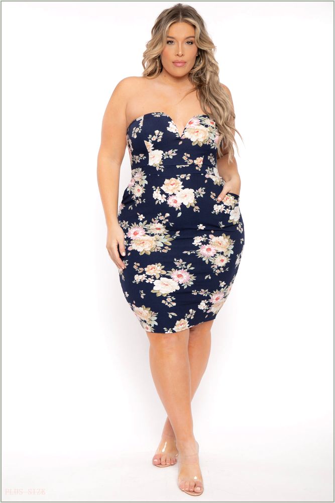  Plus Size Floral Print Bodycon Dress - Navy A10-CS2432-NV-1X