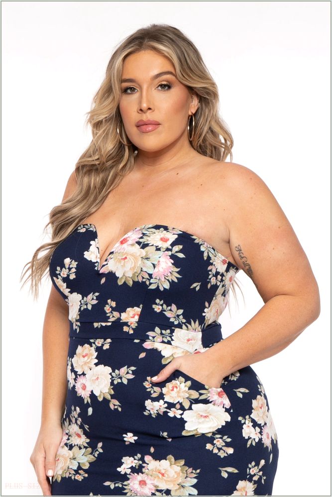  Plus Size Floral Print Bodycon Dress - Navy A10-CS2432-NV-1X