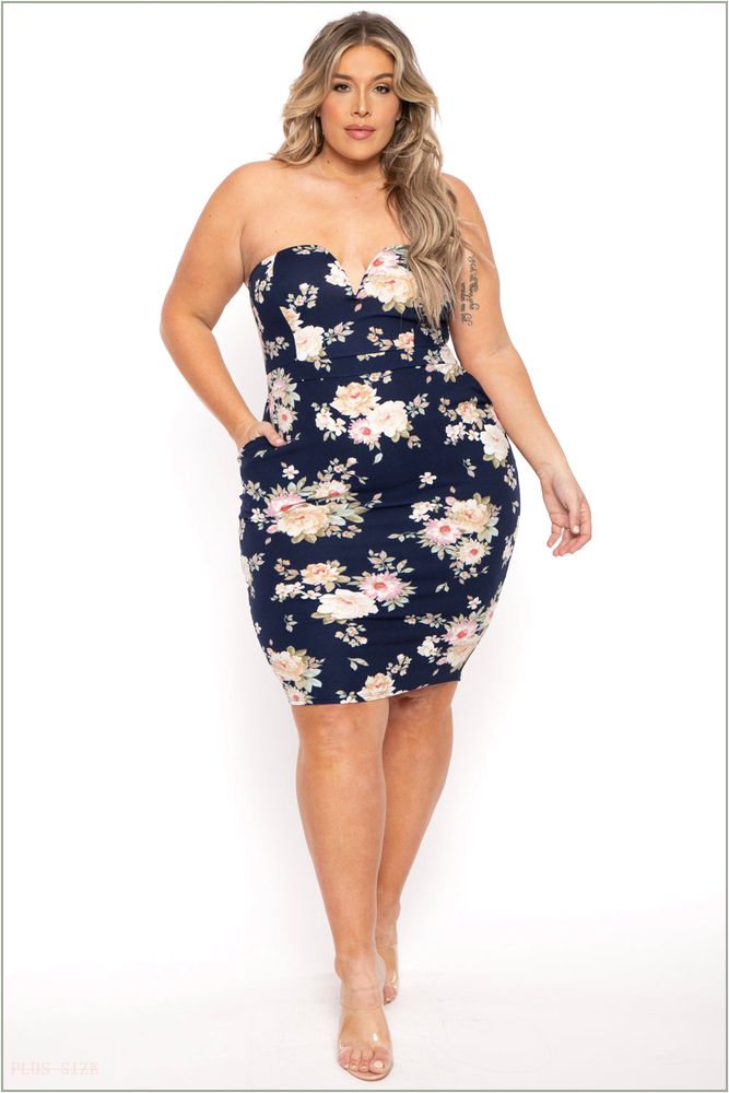  Plus Size Floral Print Bodycon Dress - Navy A10-CS2432-NV-1X