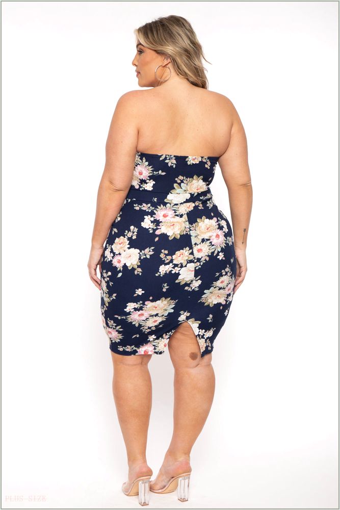  Plus Size Floral Print Bodycon Dress - Navy A10-CS2432-NV-1X