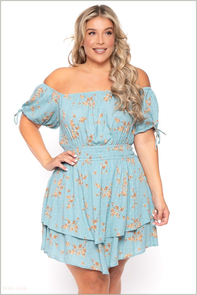  Plus Size Floral Sienna Swiss Dot Dress -Turquoise C47-CS2129-TQ-1X